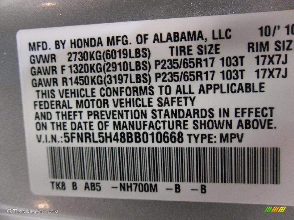 2011 Odyssey Color Code NH700M for Alabaster Silver Metallic Photo #38710967