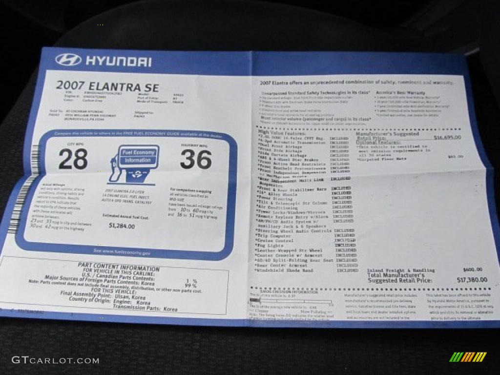 2007 Hyundai Elantra SE Sedan Window Sticker Photo #38715171