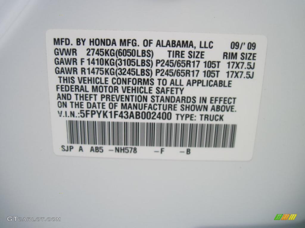 2010 Ridgeline Color Code NH578 for White Photo #38717147