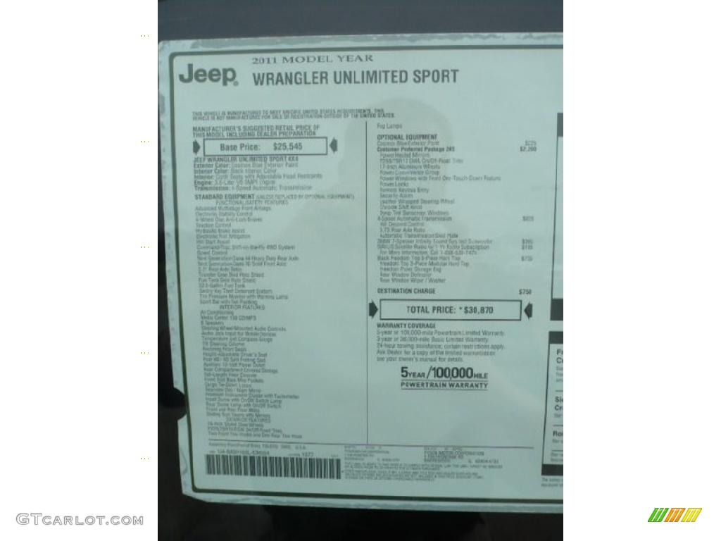 2011 Jeep Wrangler Unlimited Sport 4x4 Window Sticker Photo #38722847