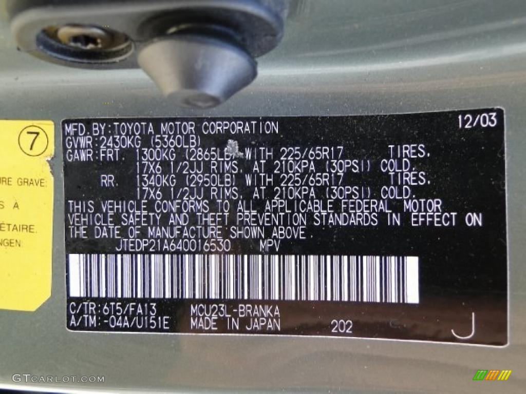 2004 Toyota Highlander Limited V6 Color Code Photos