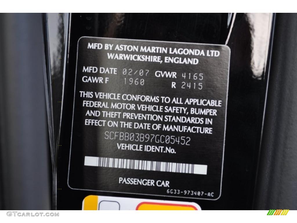 2007 Aston Martin V8 Vantage Coupe Info Tag Photo #38751772