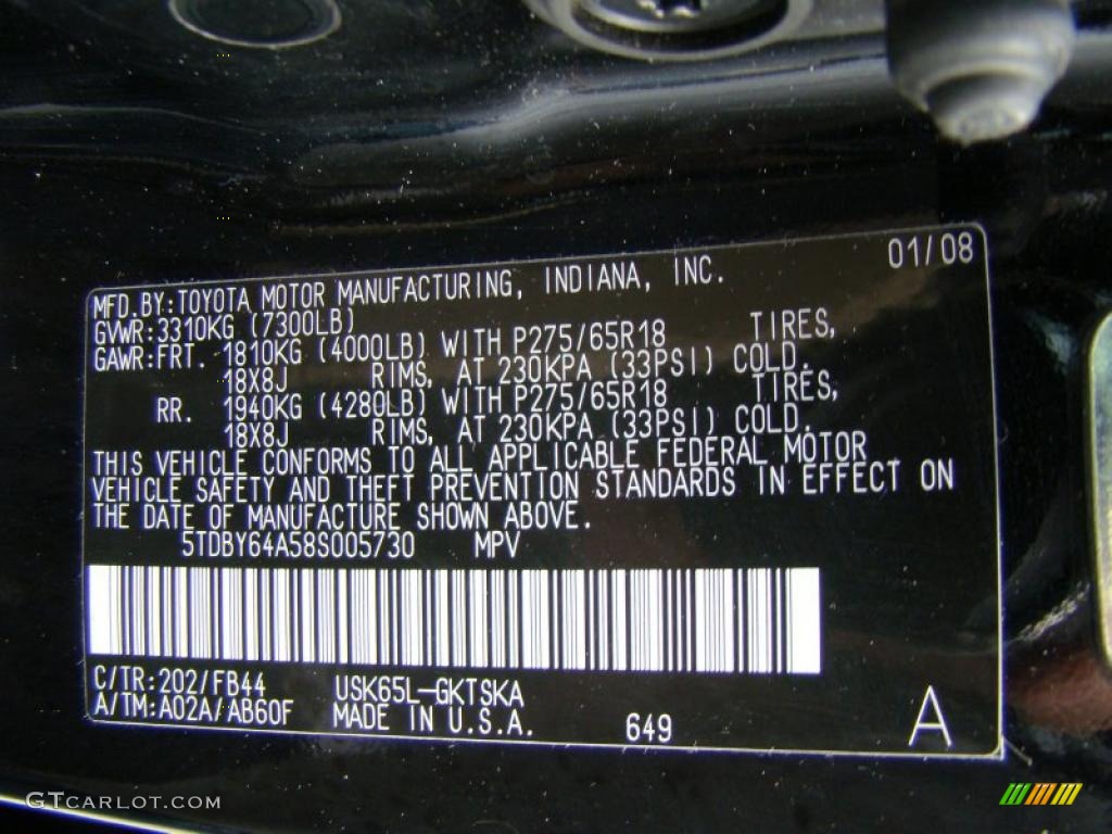 2008 Toyota Sequoia SR5 4WD Color Code Photos
