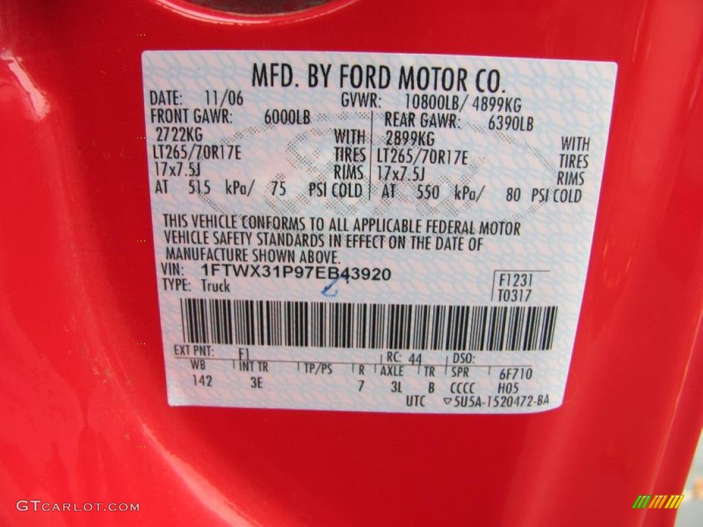 2007 F350 Super Duty Color Code F1 for Red Photo #38772890
