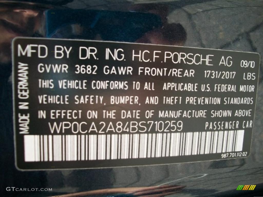 2011 Porsche Boxster Standard Boxster Model Info Tag Photo #38778493