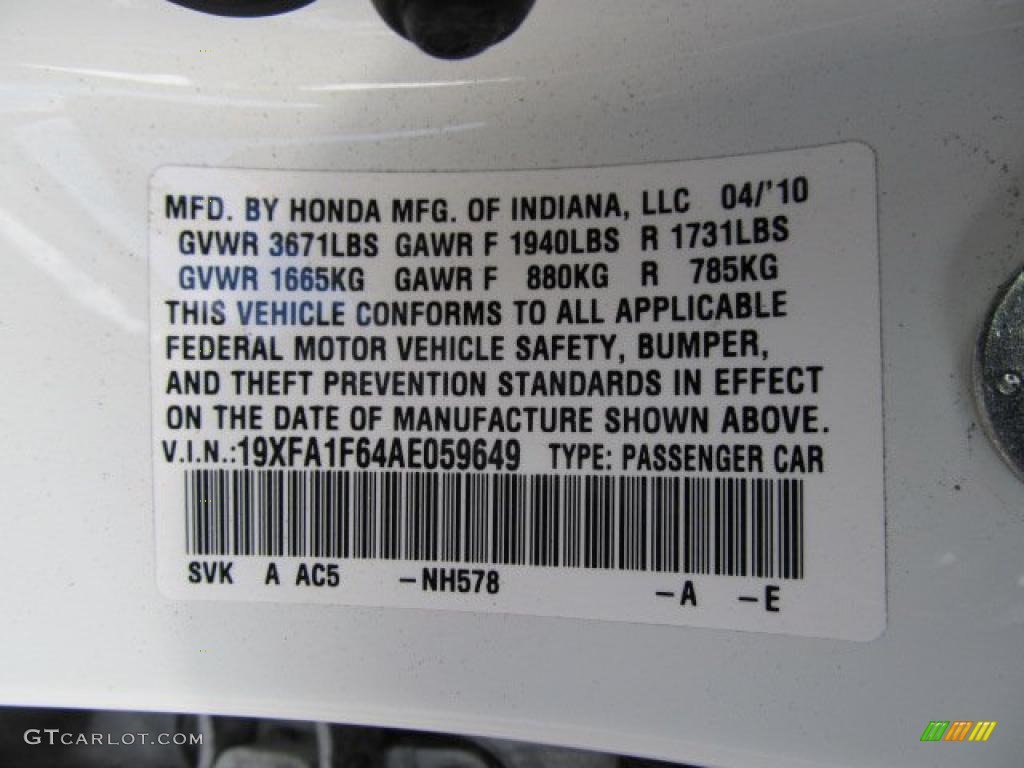 2010 Civic Color Code NH578 for Taffeta White Photo #38798215