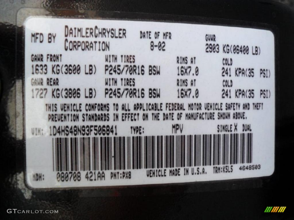 2003 Durango Color Code PX8 for Black Photo #38808048