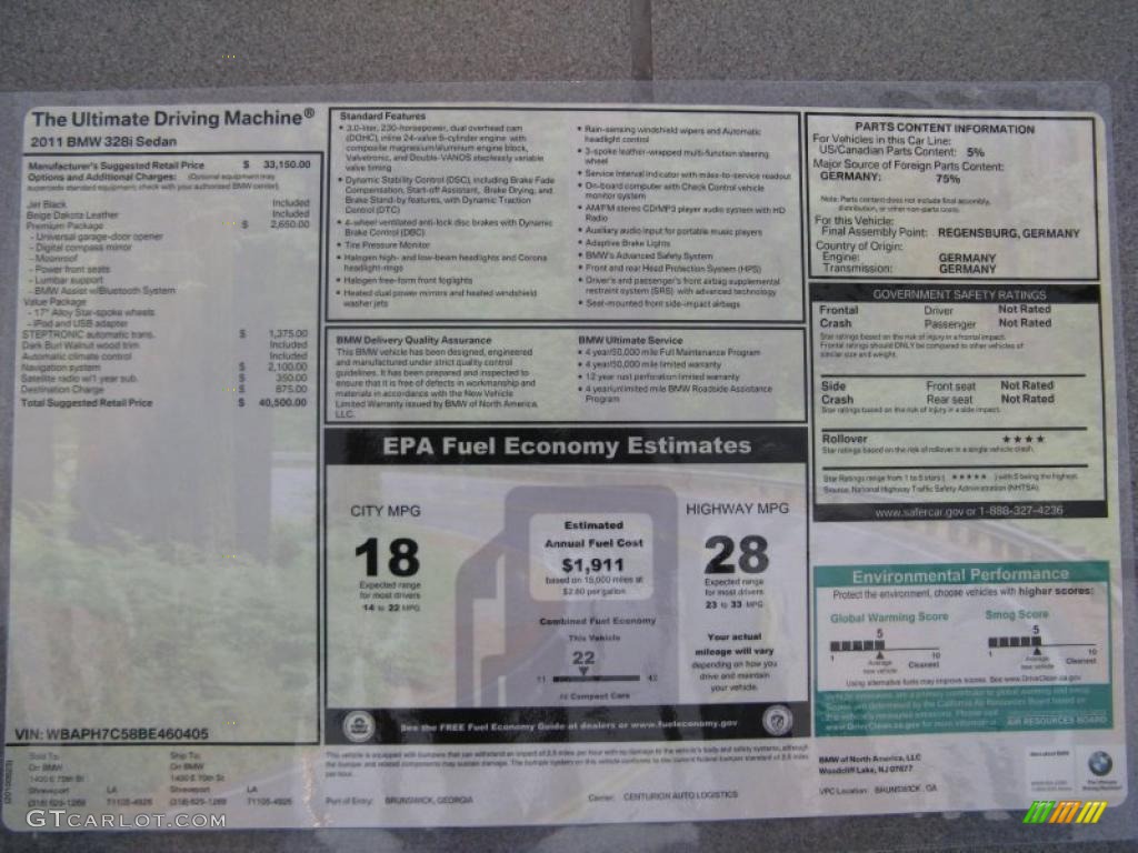 2011 BMW 3 Series 328i Sedan Window Sticker Photo #38828276
