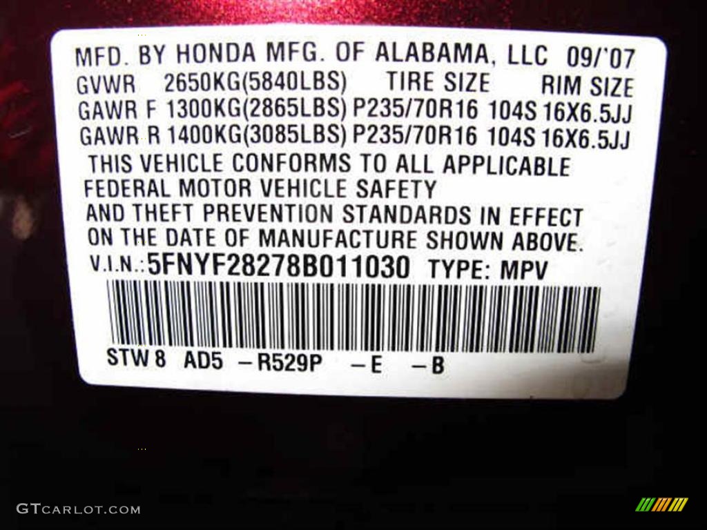 2008 Pilot Color Code R529P for Dark Cherry Pearl Photo #38828880