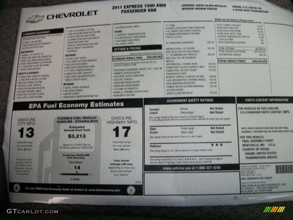 2011 Chevrolet Express LT 1500 Passenger Van Window Sticker Photo #38852020
