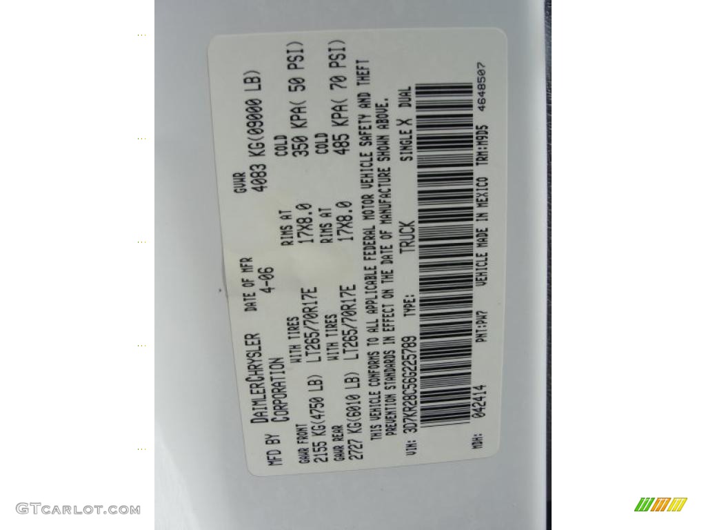 2006 Ram 2500 Color Code PW7 for Bright White Photo #38883689