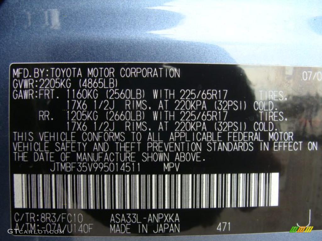 2009 RAV4 Color Code 8R3 for Pacific Blue Metallic Photo #38890687