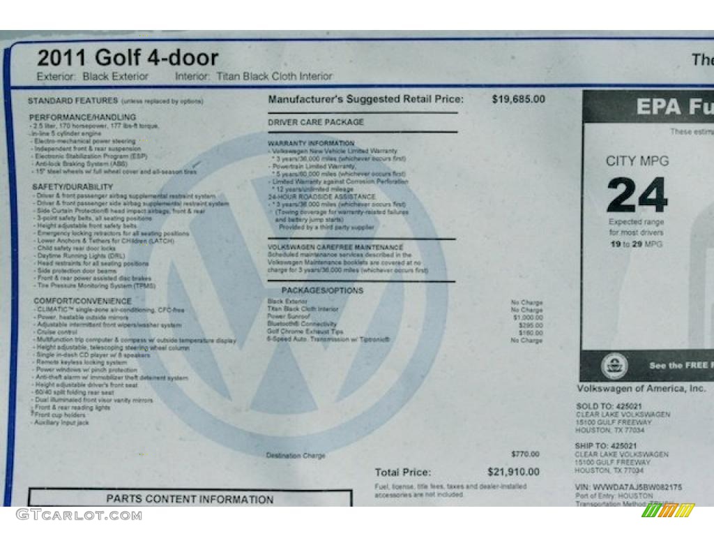 2011 Volkswagen Golf 4 Door Window Sticker Photo #38900574