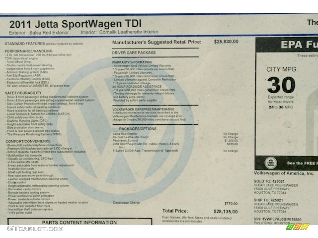 2011 Volkswagen Jetta TDI SportWagen Window Sticker Photo #38902194