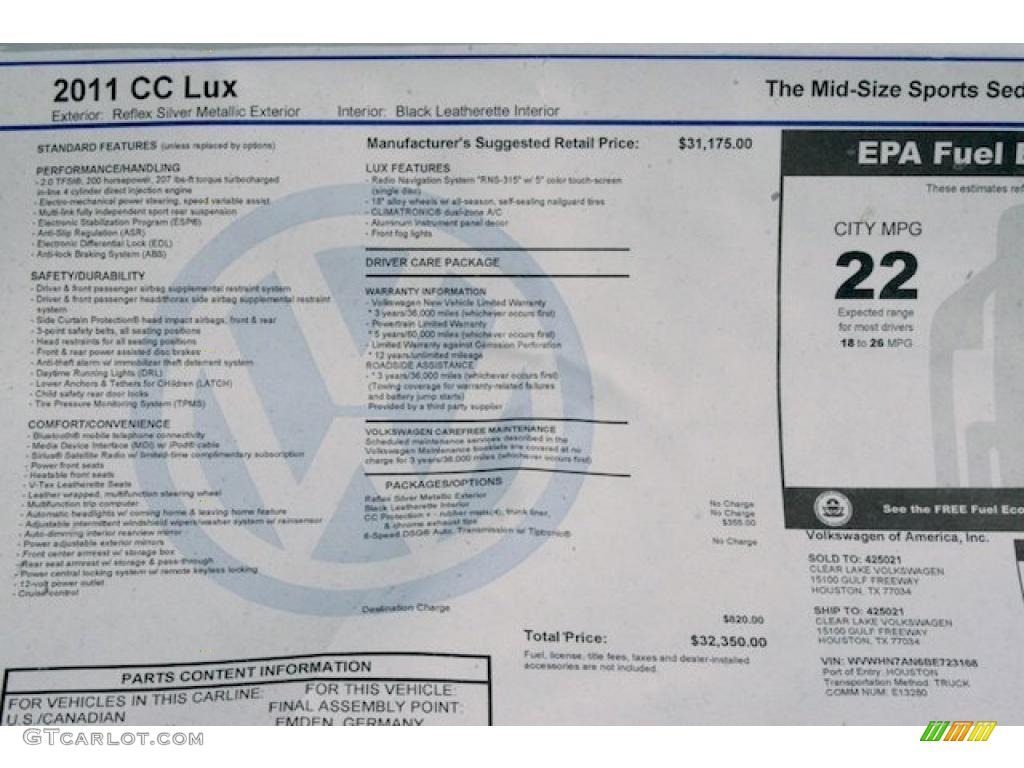 2011 Volkswagen CC Lux Window Sticker Photo #38902550