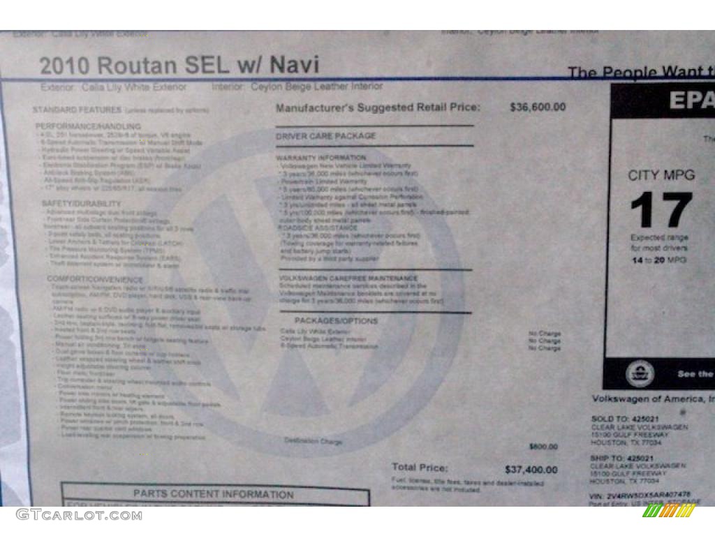 2010 Volkswagen Routan SEL Window Sticker Photo #38903094
