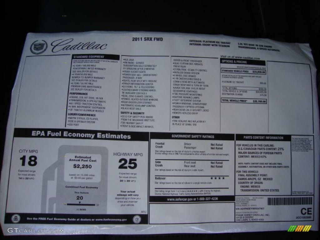 2011 Cadillac SRX FWD Window Sticker Photo #38903162
