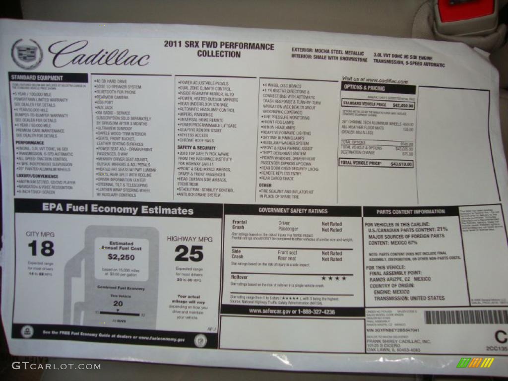 2011 Cadillac SRX FWD Window Sticker Photo #38903586