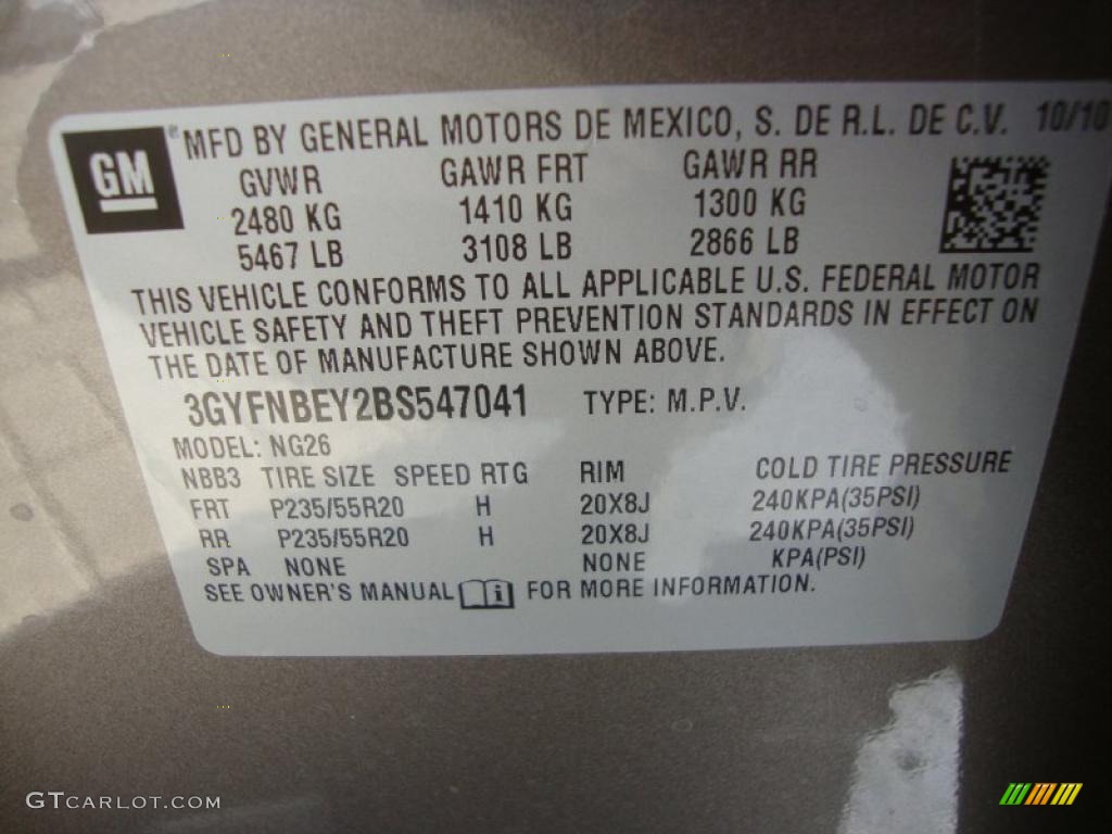 2011 Cadillac SRX FWD Info Tag Photo #38903706