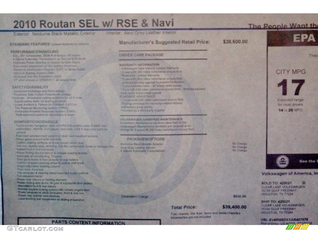 2010 Volkswagen Routan SEL Window Sticker Photo #38903822
