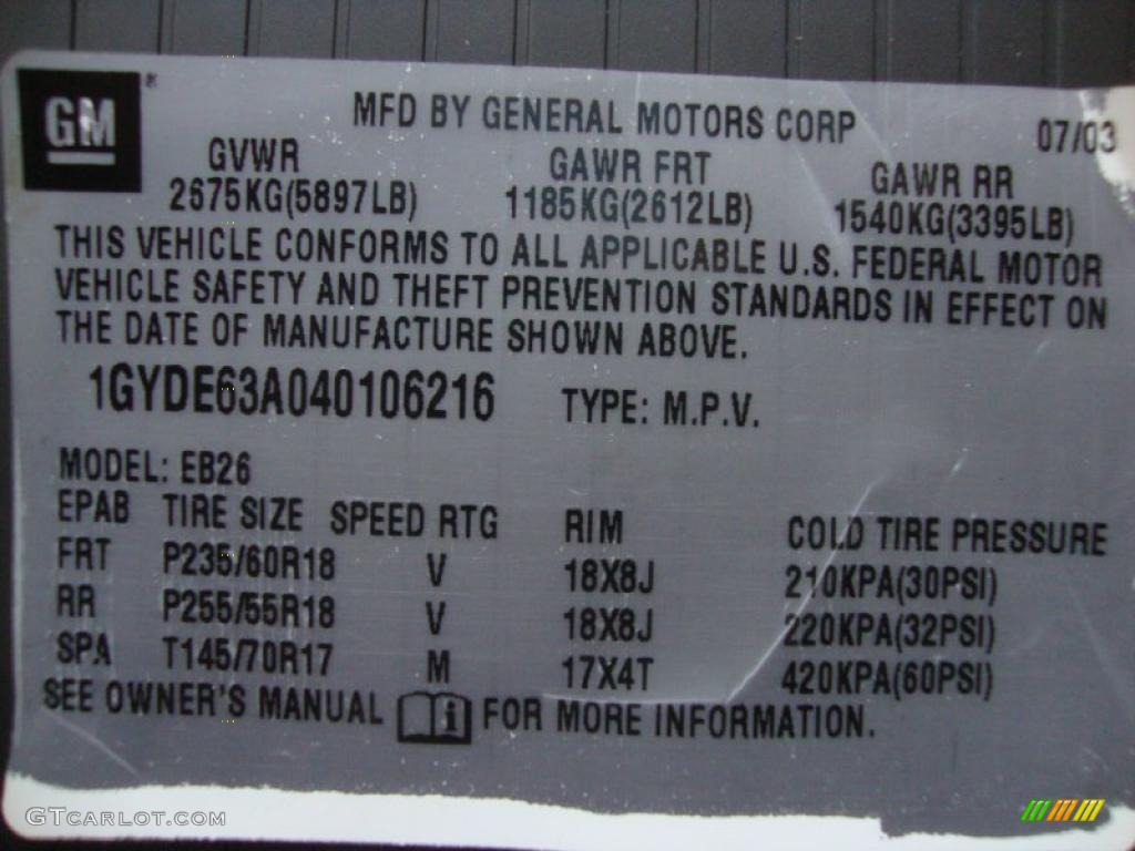 2004 Cadillac SRX V8 Info Tag Photo #38904626