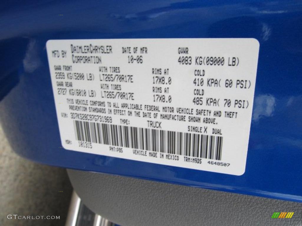 2007 Ram 2500 Color Code PB5 for Electric Blue Pearl Photo #38929674