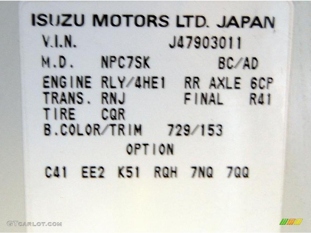 2004 Isuzu N Series Truck NQR Chassis Color Code Photos
