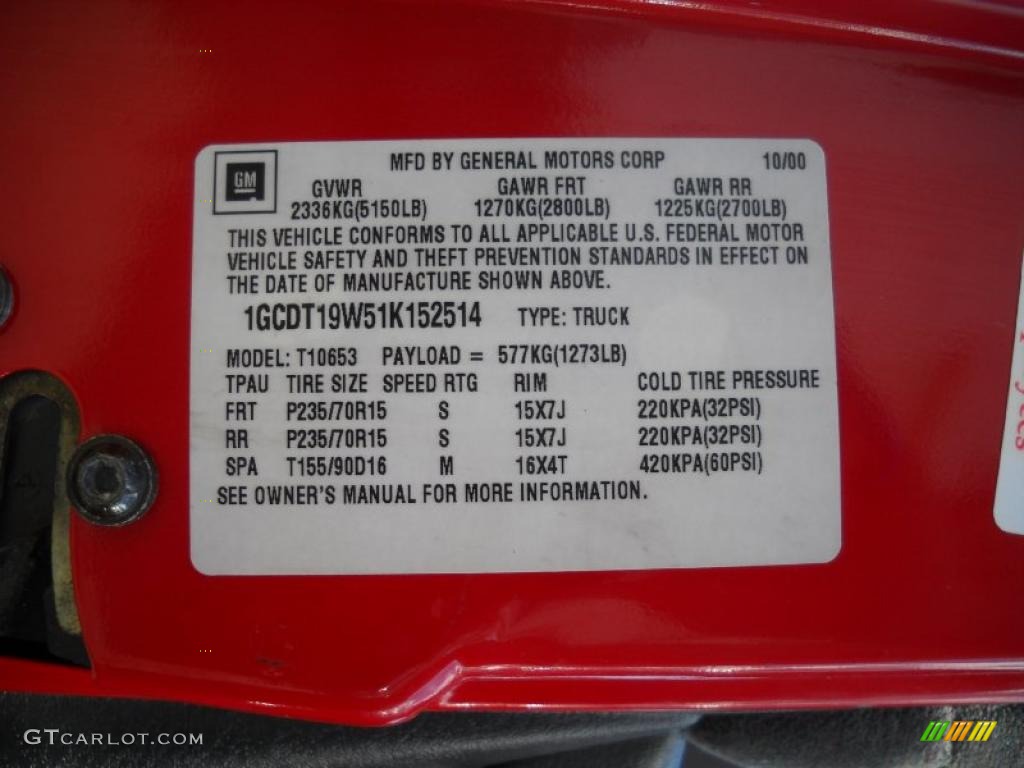 2001 Chevrolet S10 LS Extended Cab 4x4 Info Tag Photo #38947602