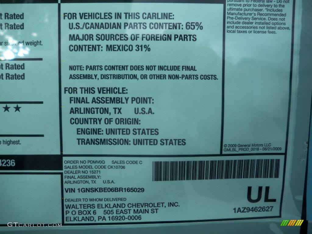 2011 Chevrolet Tahoe Lt 4x4 Window Sticker Photo 38975034