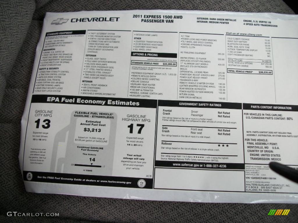 2011 Chevrolet Express LT 1500 Passenger Van Window Sticker Photo #38975784