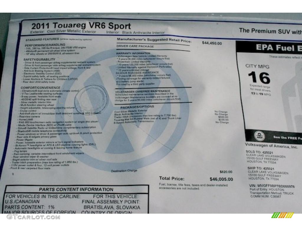 2011 Volkswagen Touareg VR6 FSI Lux 4XMotion Window Sticker Photo #39003882