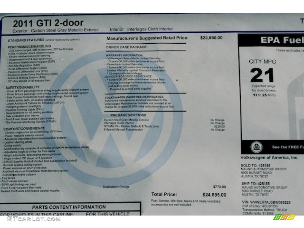 2011 Volkswagen GTI 2 Door Window Sticker Photo #39004606