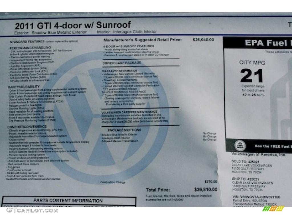 2011 Volkswagen GTI 4 Door Window Sticker Photo #39004678