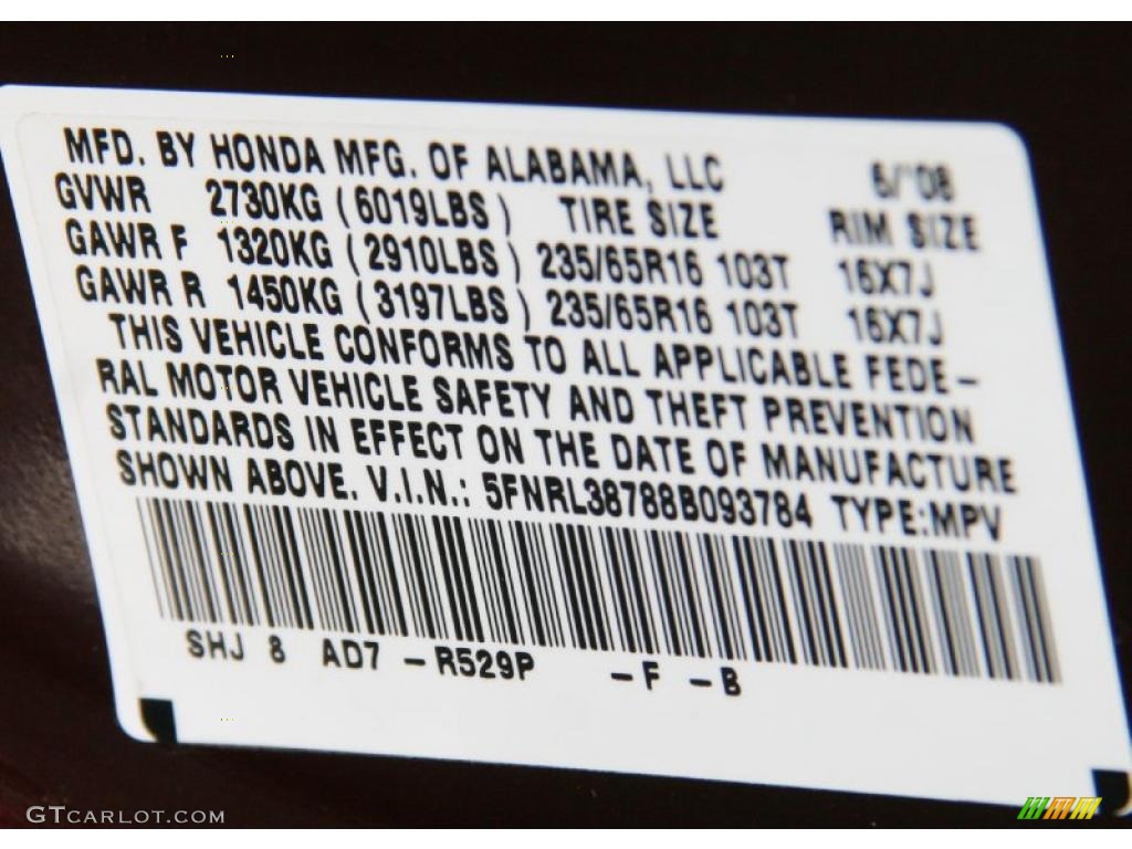2008 Odyssey Color Code R529P for Dark Cherry Pearl Photo #39054436