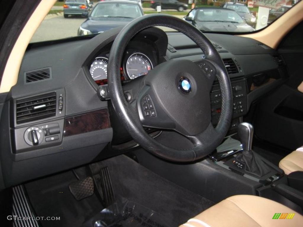 2008 BMW X3 3.0si Sand Beige/Black Nevada Leather Steering Wheel Photo #39055660