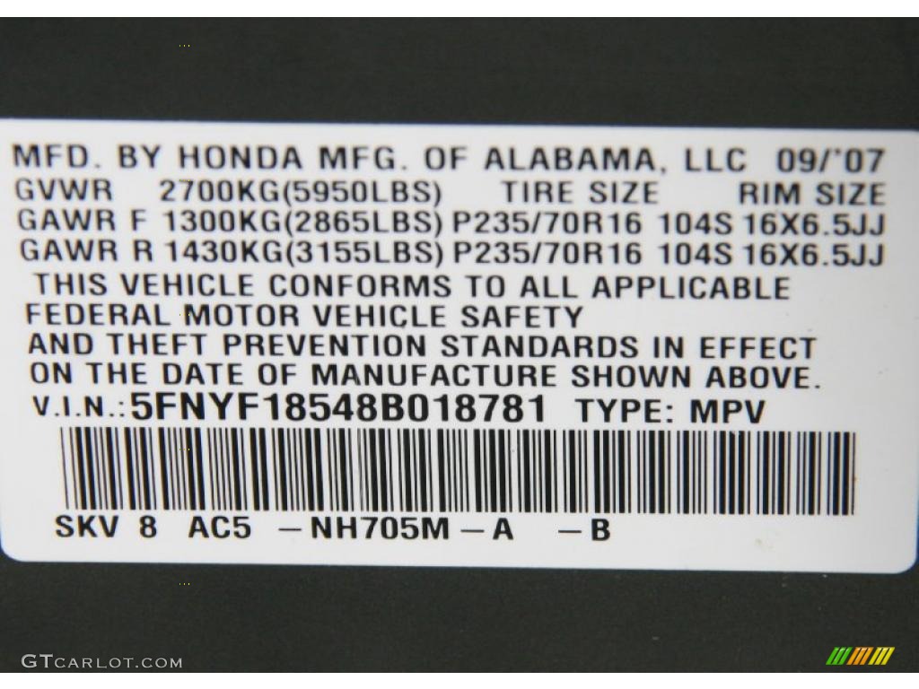 2008 Pilot Color Code NH705M for Nimbus Gray Metallic Photo #39057588