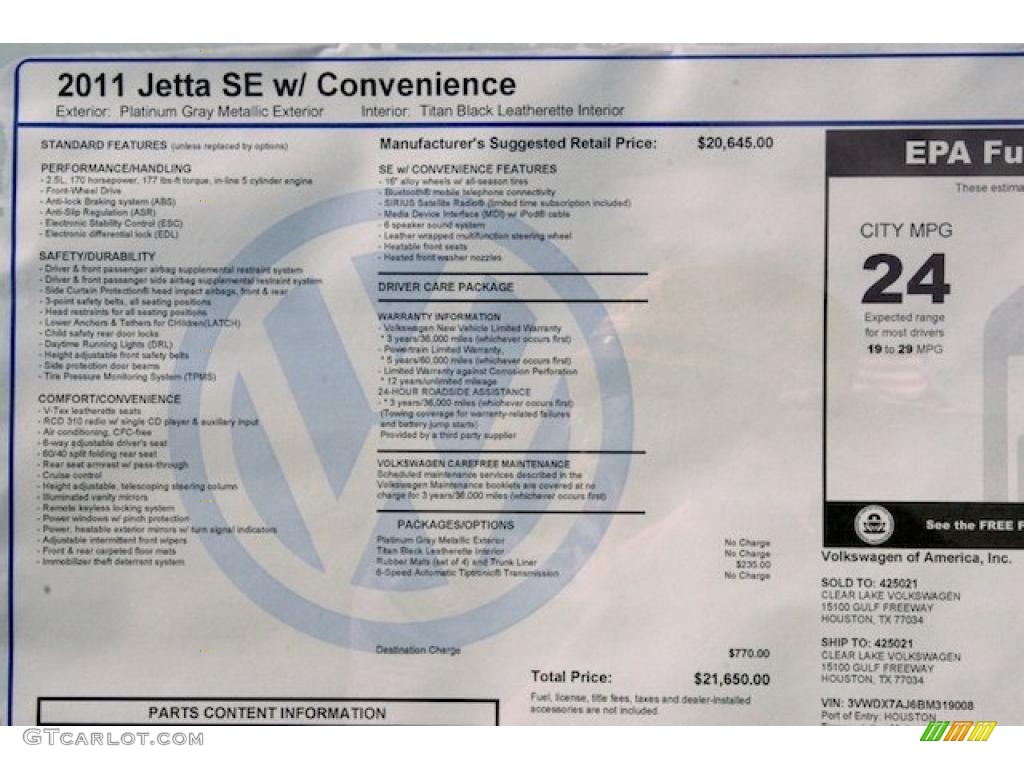 2011 Volkswagen Jetta SE Sedan Window Sticker Photo #39057956