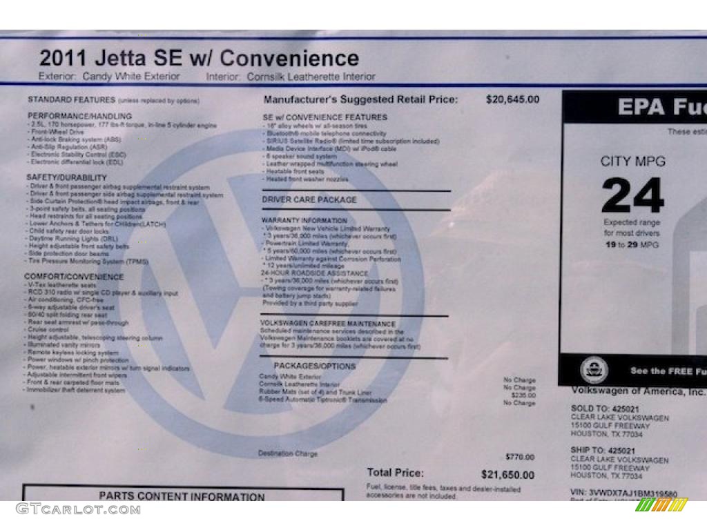 2011 Volkswagen Jetta SE Sedan Window Sticker Photo #39058180