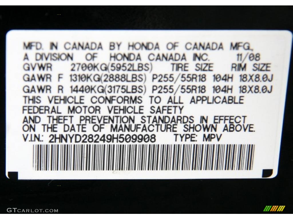 2009 Acura MDX Standard MDX Model Info Tag Photo #39058532