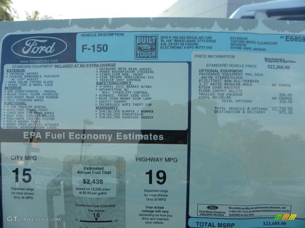 2010 Ford F150 XL Regular Cab Window Sticker Photo #39061367