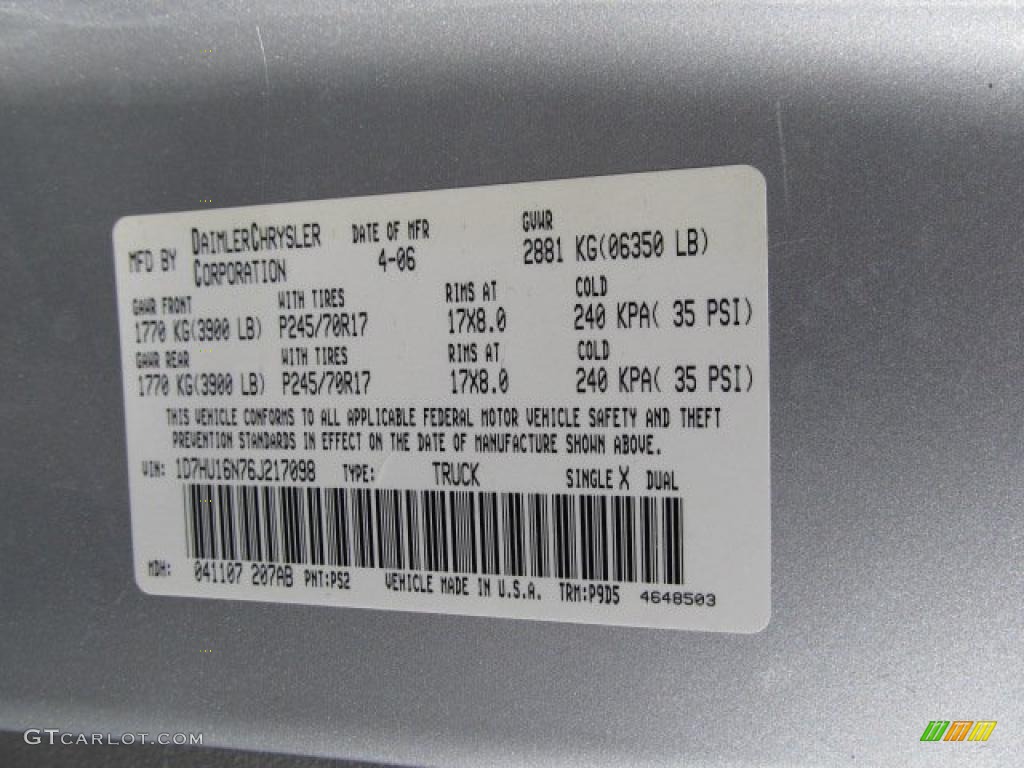 2006 Ram 1500 Color Code PS2 for Bright Silver Metallic Photo #39071119