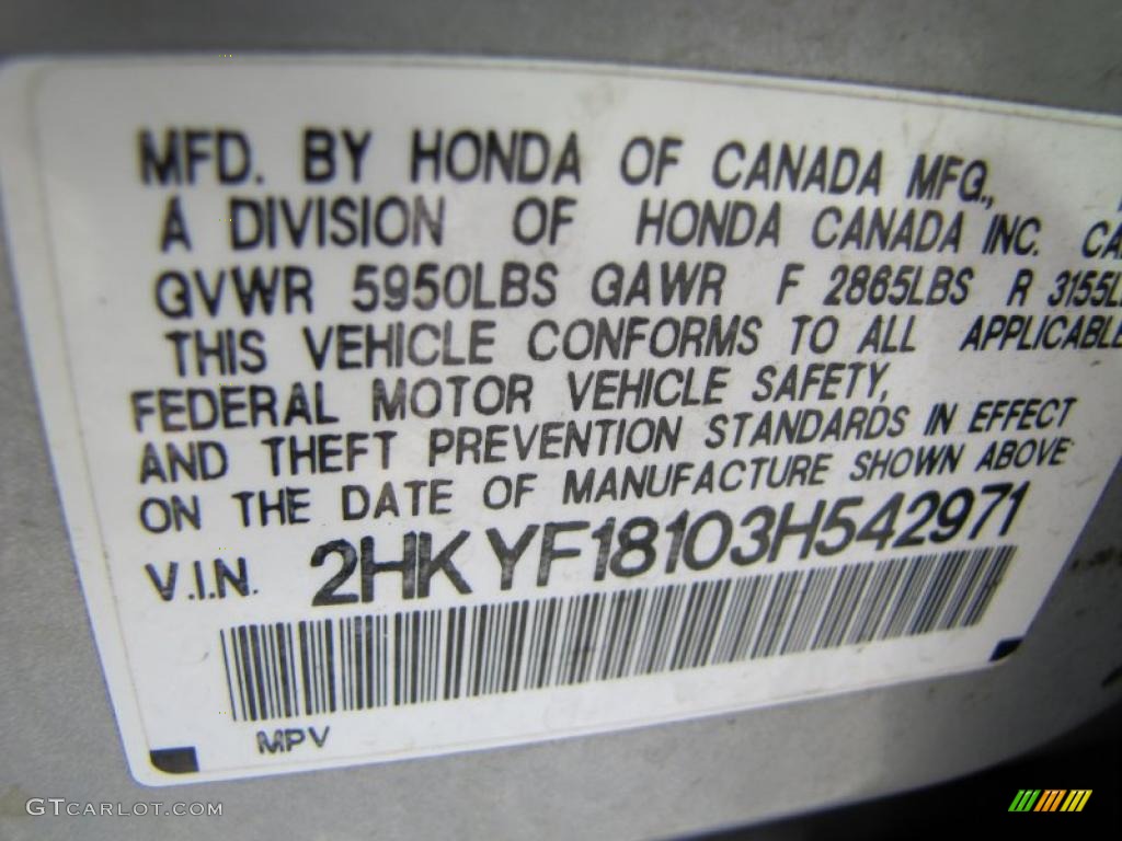 2003 Honda Pilot LX 4WD Info Tag Photo #39077371