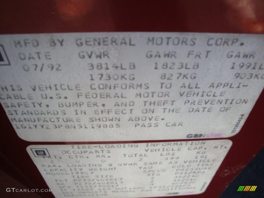 1992 Chevrolet Corvette Coupe Info Tag Photo #39085869