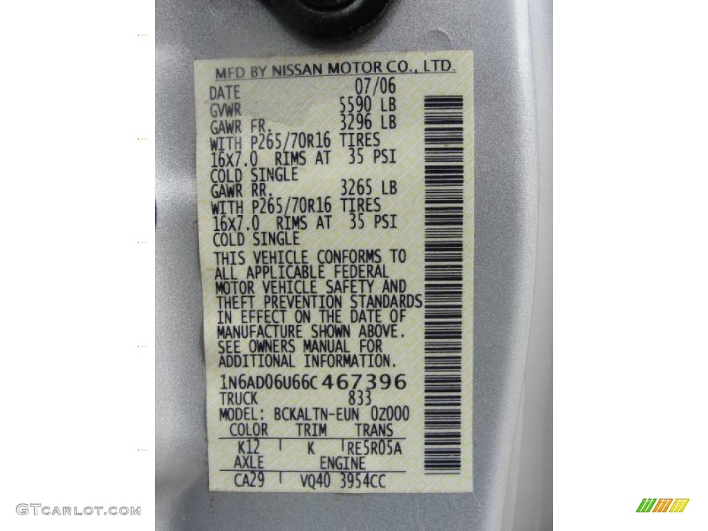 2006 Nissan Frontier SE King Cab Color Code Photos