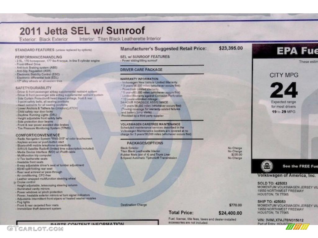 2011 Volkswagen Jetta SEL Sedan Window Sticker Photo #39118792