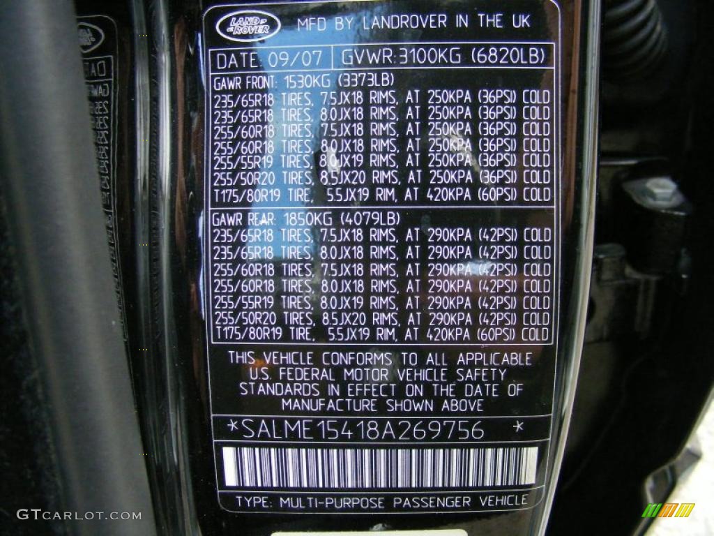 2008 Land Rover Range Rover V8 HSE Info Tag Photo #39124155