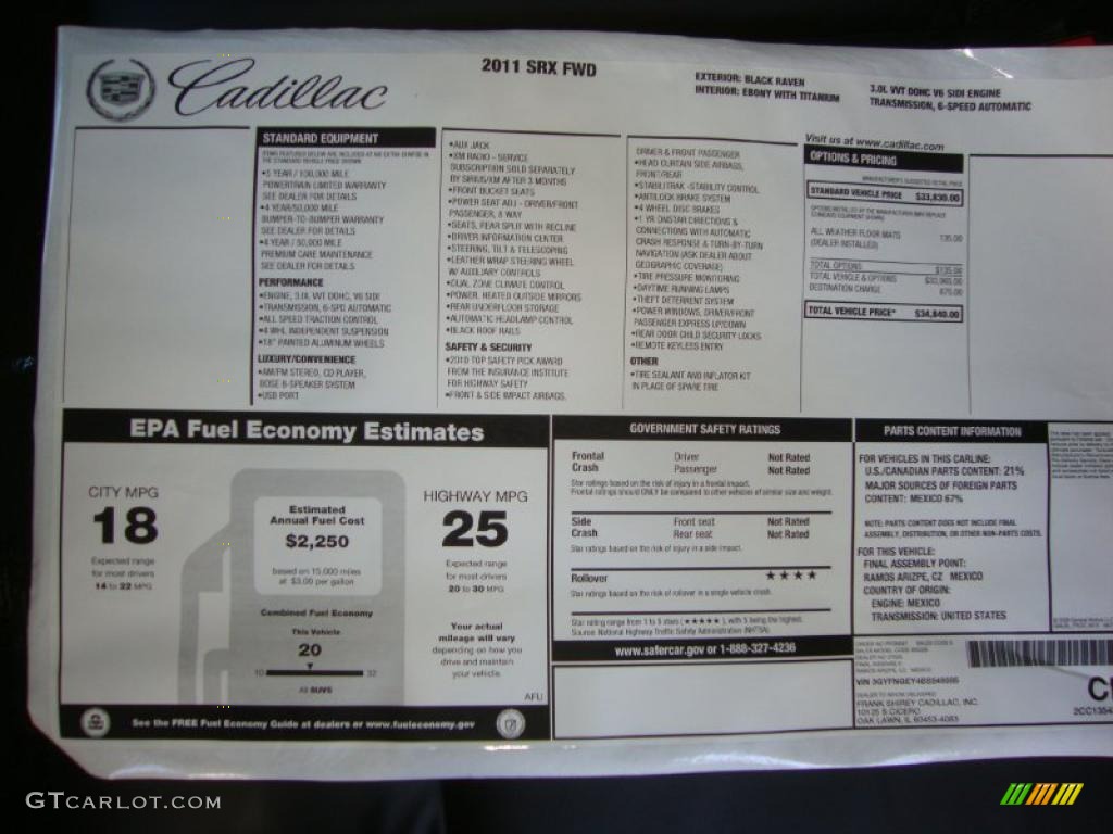 2011 Cadillac SRX FWD Window Sticker Photo #39139822
