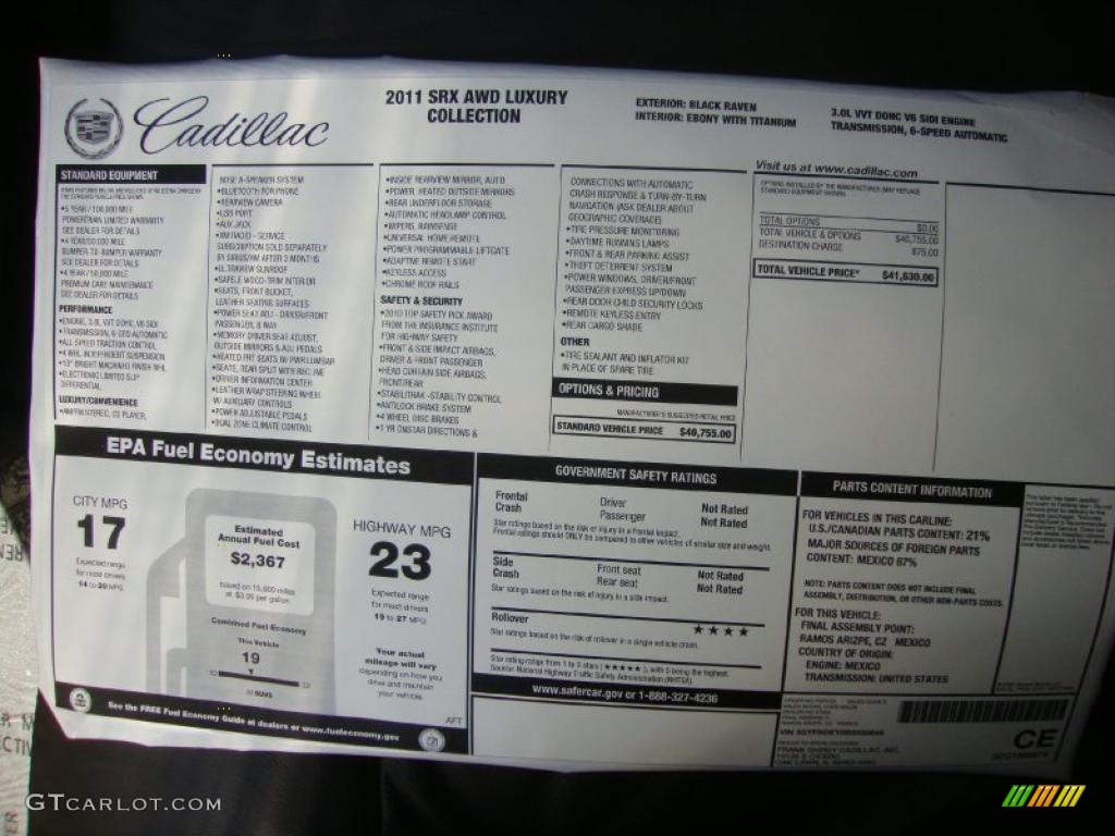 2011 Cadillac SRX 4 V6 AWD Window Sticker Photo #39140178