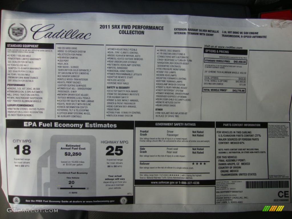 2011 Cadillac SRX FWD Window Sticker Photo #39140506