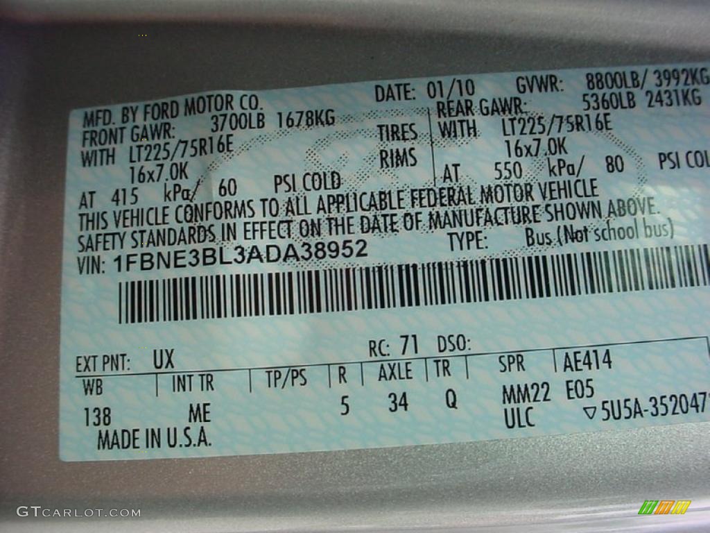 2010 E Series Van Color Code UX for Ingot Silver Metallic Photo #39142886